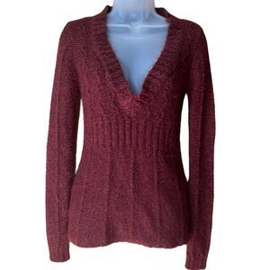 Arizona Wine Red V Neck Fitted Fuzzy Knit Sweater Sz S Y2K Goblincore Whimsigoth